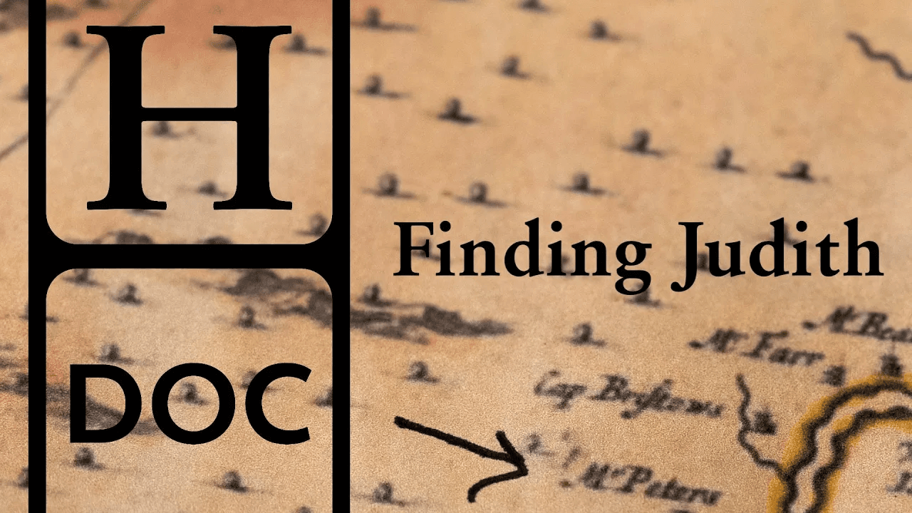 Text reads "Finding Judith", over a blurry background image of a map.