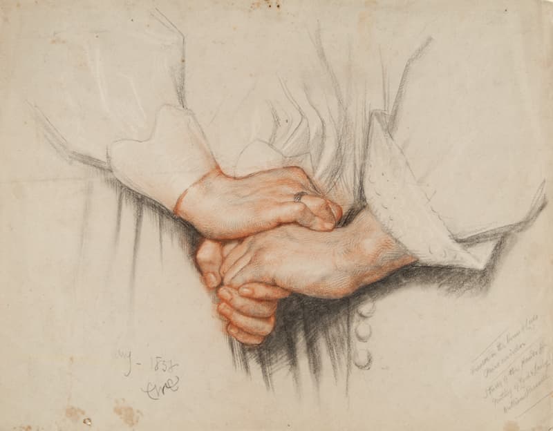 Detail of drawing of clasped hands by Charles West Cope 