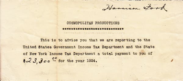 Detail of a record of the salary paid to actor Harrison Ford in 1924