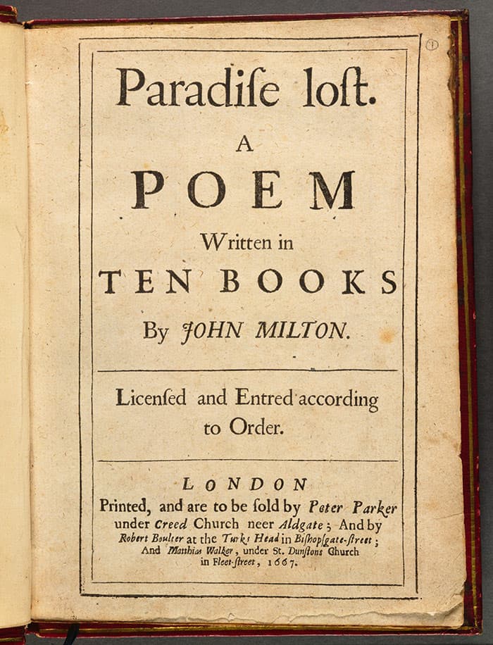 The title page of the first edition of Paradise Lost, 1667, by John Milton 