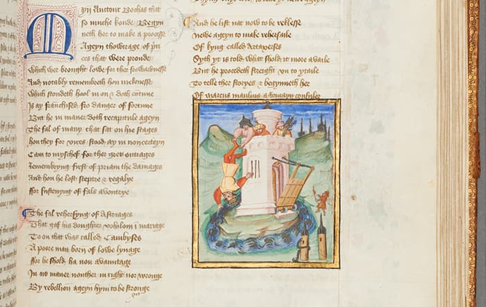 Illuminated manuscript with Marcus Manlius hung over the Tiber River