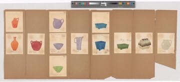[Watercolor sketches of 12 ceramic vessels on cards]
