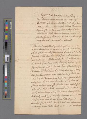 Montagu, Edward. [Agreement made by Edward Montagu, Anthony Isaacson, and William Archdeacon to lease their share of the collieries in Chester, co. Durham, to Robert Shafto et. al. ]
