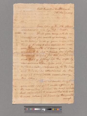 Letter from George Washington, headquarters Middlebrook, to Moses Rawlings
