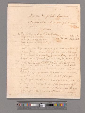 Memoranda by James Duane for Colonel John Laurens, Philadelphia