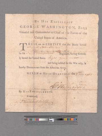 Certificate of discharge to John Hilton, headquarters Newburgh