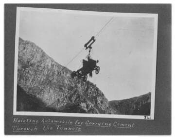 Hoisting the automobile for carrying cement through the tunnels at Kern River #1 Hydro Plant
