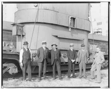 Long Beach Steam Station, Plant #3 - Transformer on cars, Union Pacific and Stone & Webster officials standing by