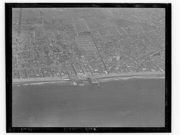 Aerial view of remains of Pickering and Lick Piers in Ocean Park, Santa Monica, California