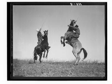 Boys fencing on horseback, Urban Military Academy, Brentwood, Los Angeles