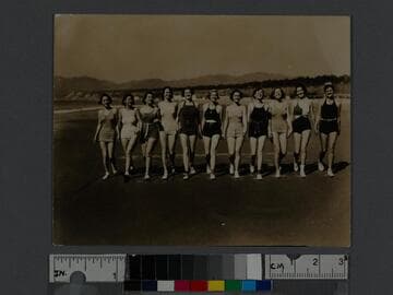 Group of women walking on the beach in swim suits, Santa Monica