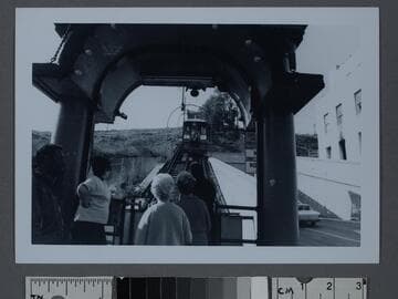 Passengers waiting for Angels Flight, Los Angeles, California
