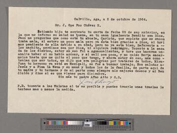 Letter from José Chávez Torres (Calvillo, Aguascalientes) to Paco Chávez Esparza (San José, California)