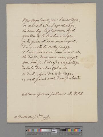 Du Boccage, Marie Anne (Le Page) Fiquet. "Montagu dont jeus l'avantage": [a poem in 12 lines addressed to Mrs. Elizabeth (Robinson) Montagu]