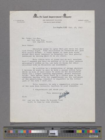 Letter from Herbert Lapham to Peter SooHoo