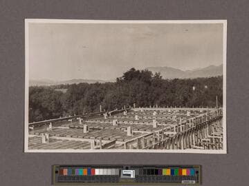 Huntington Library Construction: view showing pans for ceiling of the Center Wing, looking north west