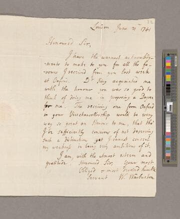 William Warburton letter, London, to Theophilus Leigh