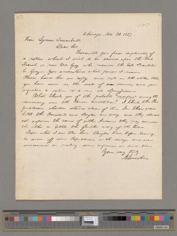 Abraham Lincoln, Chicago, Illinois, letter to Lyman Trumbull