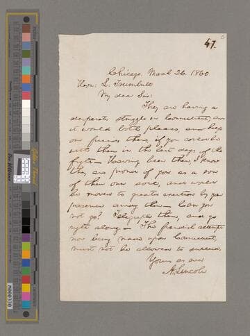 Abraham Lincoln, Chicago, Illinois, letter to Lyman Trumbull