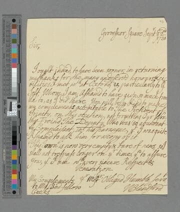 William Godolphin, Marquess of Blandford, letter, Grosvenor Square, London, to Theophilus Leigh