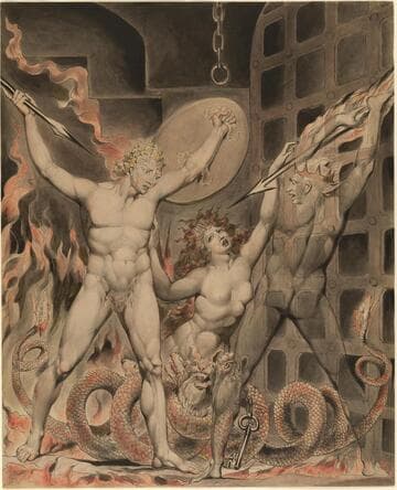 Illustration to Milton's "Paradise Lost": Satan, Sin, and Death: Satan Comes to the Gates of Hell [large version]