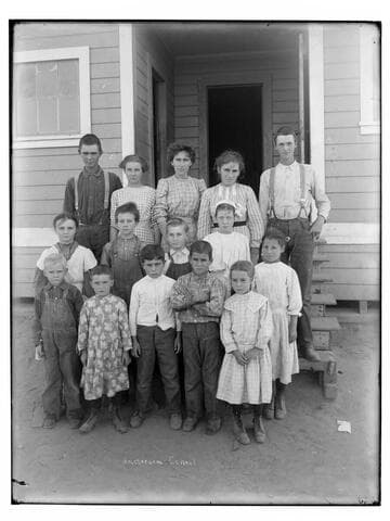 Children in front of Amsterdam School, Amsterdam, Merced County