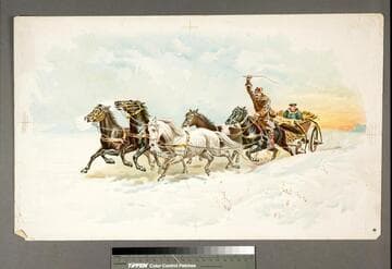 [Man driving team of horses, another sitting in cart]