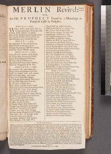 Merlin reviv'd: or, An old prophecy found in a manuscript in Pontefract Castle in York-shire