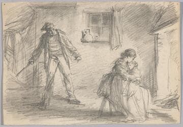 Woman and Child Seated Before a Fire, Menacing Man Behind
