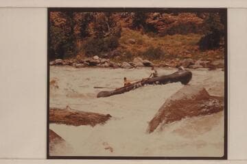 One of the Hatch boloneys in Hells Half Mile.  The oarsman in front is Roger Pheffer.  The other oarsman is Mark Garl