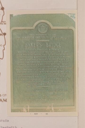 Plaque placed by the State Historical Society of Colorado at Baker's Bridge.  Note the name Charles H. Baker on this plaque while the sign erected by the D.A.R. carries the name Chas. F. Baker