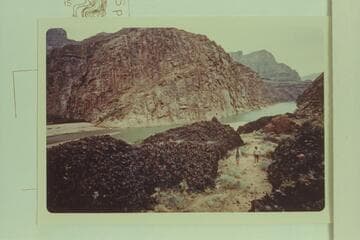 Mouth of Spencer Creek at left and down upper Lake Mead from the top of the lava cap on the right bank