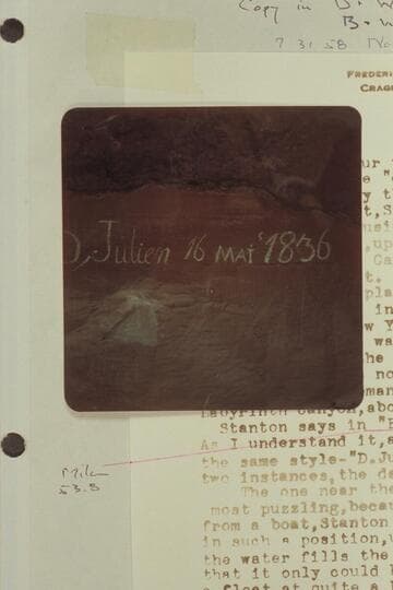 De [sic] Julien inscription at beginning of Bowknot Bend.  Mile 72 1/2 left bank