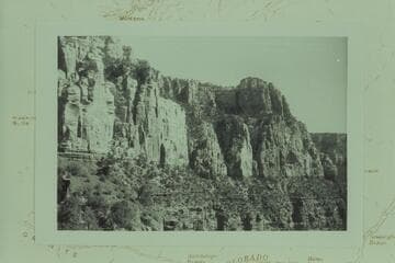 Ravines through Coconino, south side of promontory near Walhalla Glades parking.  Indian ruins on top of promontory.  Pictographs under ledges near rim along route through Kaibab Limestone