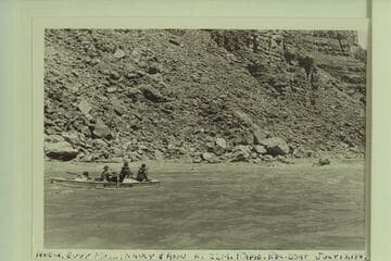 Evie Mull in the bow; Nevills at the oaks.  Nancy Streator and Anne Eisaman on the after deck.  The outboard motored Bureau of Reclamation boat is ahead
