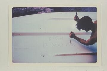 Cutting name on "Rich" boat, Cataract Canyon.  About Mile 189 3/4