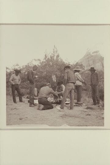 At camp in middle fork of 73.6.  Dan Lehi; Chris Turner; Bill Belknap; Buster Ordiway; Tom Daly; Buck Whitehat; Tobe Owl or Nasja Begay