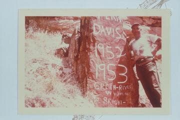 Fern Davis rock with Bill Davis standing by it.  Lower end of the fan at Mile 184