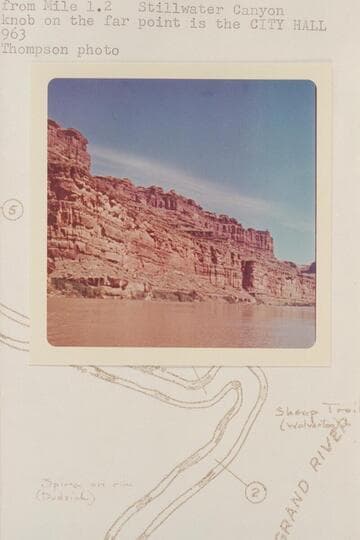 Up river from Mile 1.2.  Stillwater Canyon.  The tiny knob on the far point is the City Hall.  Close to the location of Nims No. 26 of 1889, May 29, and Cogswell photo Plate 46A in Stone's "Canyon Country"