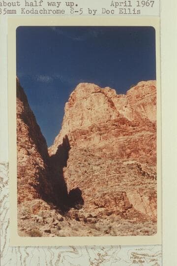 The Redwall gulley on Brahma from below.  The route goes up the ledge on the right and into shaded area about half way up