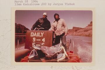 Tex McClatchy drives his jet boat while Bill Belknap does the worrying.  Between Moab and Monument Canyon