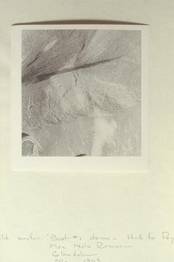 Harry McDonald's name on a rock in Cataract Canyon.  Right bank at Mile 205.  Harry McDonald was head boatman of the Best Expedition which lost one of their two boats in Cataract Canyon 1891, July 21