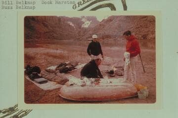 Bathing dishes at camp below Butler Canyon.  Bill Belknap, Dock Marston, Buzz Belknap
