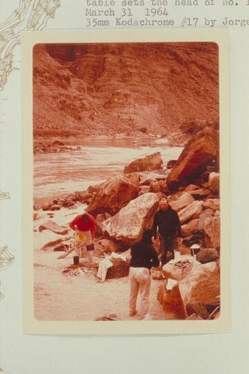 Up from camp at Mile 204.9, left bank.  Buzz Belknap, Dock Marston, Bill Belknap.  The side canyon is the outlet of Wide Valley.  The rapid is No. 13 shown on LaRue photo No. 21-9-17 CTCN 204-95 at the upper end of fan at Range Canyon