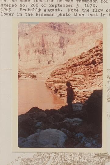 Upriver from Mile 126 with Stavely posed in the same location as was Thompson for the Hillers stereo No. 202 of 1872, Sep. 05.  Note the flow of the river is lower in the Eiseman photo than that in the Hillers print