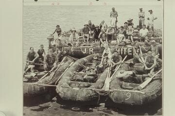 Georgie White's party at end of Grand Canyon traverse at Temple Bar, Lake Mead.  Georgie White; Chet Bundy; Mrs. Chet Bundy; Freda Walbrecht sits directly in front of Mrs. Bundy; Joel Sayre
