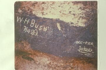 Inscriptions of the Bush party of the Brown-Stanton Survey.  Glen Canyon at the mouth of Mystery Canyon