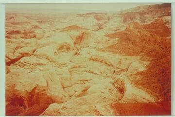 Heads of forks of side canyon at Mile 73.6.  Upper right is Navajo Mountain.  Right is Butte 6069
