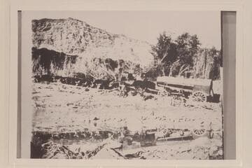 Stuck in the sand just below Lees Ferry.  10 yoke of cattle hauling the boiler