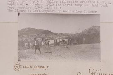 Tents, crew, Fort at Lees Ferry.  The figure at left appears to be Charles Spencer
